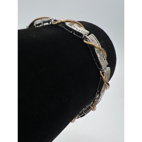 Gold & Silver Tone Bracelet W/ Cubic Zirconia Accents 7 Inches Elegant Design Se - Picture 5 of 5